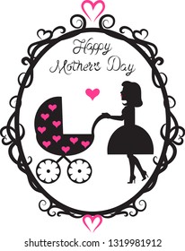 Festive vector illustration for Mother's Day: black silhouette of a woman with a pram in an ornate frame with pink hearts.