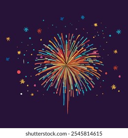 A festive vector illustration of New Year's Eve featuring a beautifully decorated Christmas tree with sparkling ornaments and a vibrant display of fireworks lighting up the night sky, creating a joyfu