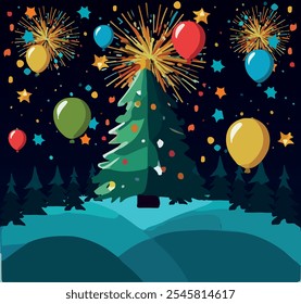 A festive vector illustration of New Year's Eve featuring a beautifully decorated Christmas tree with sparkling ornaments and a vibrant display of fireworks lighting up the night sky, creating a joyfu