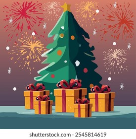 A festive vector illustration of New Year's Eve featuring a beautifully decorated Christmas tree with sparkling ornaments and a vibrant display of fireworks lighting up the night sky, creating a joyfu