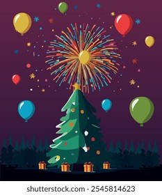 A festive vector illustration of New Year's Eve featuring a beautifully decorated Christmas tree with sparkling ornaments and a vibrant display of fireworks lighting up the night sky, creating a joyfu