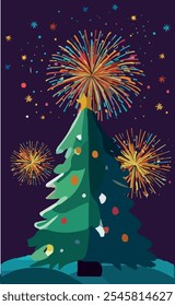 A festive vector illustration of New Year's Eve featuring a beautifully decorated Christmas tree with sparkling ornaments and a vibrant display of fireworks lighting up the night sky, creating a joyfu