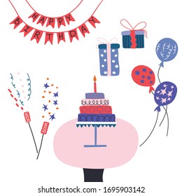 festive vector illustration on a birthday theme, a festive cake, gifts and balloons with the inscription happy birthday