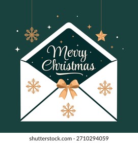 A festive vector illustration of an open Christmas envelope with the text Merry Christmas, with a gold bow, snowflakes. Perfect for holiday cards, greetings, banners. Dark background, elegant design