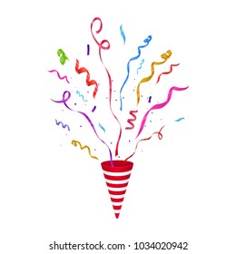 Festive vector illustration. Party popper with confetti isolated on white background. 