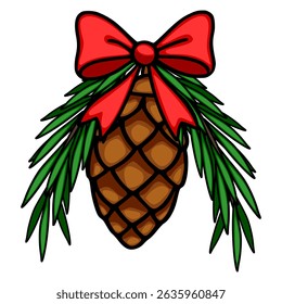 Festive vector illustration of a pine cone adorned with a vibrant red bow and lush green pine branches, perfect for holiday designs.