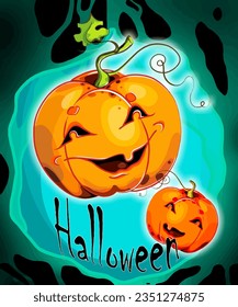 Festive vector illustration with pumpkins on the background of a night forest. The symbol of the holiday, a postcard with the inscription Happy Halloween
