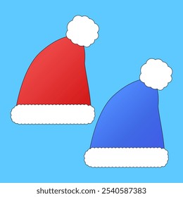 Festive vector illustration of red and blue Santa hats with white fur trim. Perfect for Christmas and New Year designs and decorations.