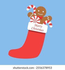 A festive vector illustration of a red Christmas stocking filled with a cheerful gingerbread man, candy canes, and a peppermint candy. Perfect for holiday designs, cards, and festive decorations.