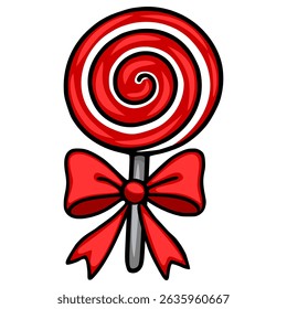 Festive Vector Illustration of a Red Swirl Lollipop Adorned with a Big Red Bow, Perfect for Holiday Designs and Sweet Treats Themed Projects.