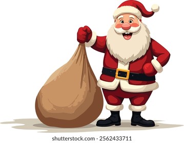 Festive vector illustration of Santa Claus in a traditional red outfit, smiling and waving while standing beside a gift-filled sack.