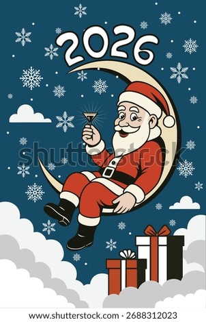 Festive vector illustration of Santa Claus sitting on the crescent moon with a cocktail in hand, surrounded by snowflakes, clouds, and gift boxes. Perfect for Christmas and New Year 2026 greeting card