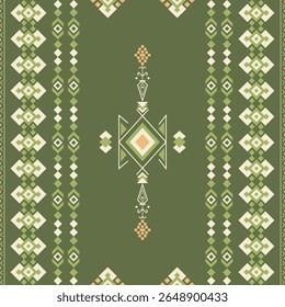 Una Ilustración vectorial festiva de un patrón étnico geométrico sin fisuras tono verde, perfecto para tarjetas de vacaciones, sábana y cualquier decoración