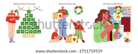 Festive vector illustration showcasing three activities: making an advent calendar, sharing kindness through gift-giving, and enjoying a mindful candle pause. Emphasizes holiday traditions and