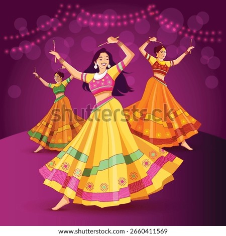 Festive vector illustration showing a group of women dressed in colorful traditional outfits dancing during Navratri's Garba Night.
