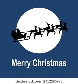 Uma ilustração de vetor festivo mostrando o trenó e a rena do Papai Noel voando através de uma grande lua brilhante com a mensagem "Feliz Natal" abaixo.