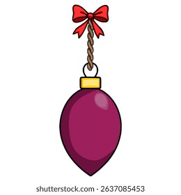 Festive vector illustration of a single maroon Christmas bauble hanging from a twisted rope with a red bow, perfect for holiday designs.