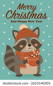 Ilustração de vetor festivo de um guaxinim sorridente em roupas de inverno acolhedor segurando uma bebida quente com marshmallows. Defina um fundo azul-escuro com Feliz Natal e Feliz Ano Novo saudações de texto.