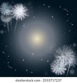 A festive vector illustration of sparkling fireworks bursting in a dark sky with a glowing center, perfect for New Year celebrations, holiday themes, and event designs.