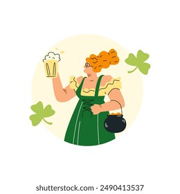 Festive vector illustration for St. Patrick's Day with a charming girl holding a beer and a pot of gold. Perfect for decorating festival badges and parties
