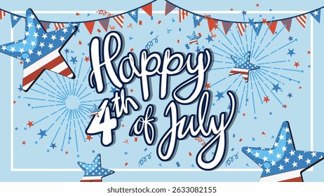 Festive vector illustration with stars, fireworks, and banners in red, white, and blue. Perfect for Independence Day themes