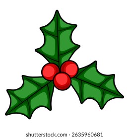Festive vector illustration of a stylized holly sprig with three red berries, featuring bold outlines and vibrant green and red colors, ideal for Christmas designs.