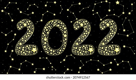Festive vector illustration with the text "2022" made of constellations and stars