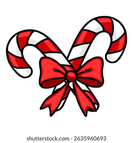 Festive vector illustration of two candy canes tied together with a vibrant red bow, showcasing a cheerful Christmas spirit with bold outlines and glossy candy cane stripes.