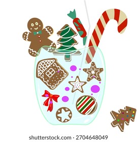 Ilustración vectorial festiva de varias Navidades galletas de jengibre (hombre, casa, árbol, estrellas) y un bastón de caramelo colocado dentro de un vaso con una pajita, lo que sugiere un postre o cóctel navideño. Ideal para 
