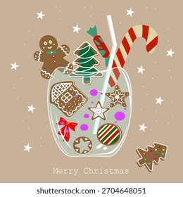 Ilustración vectorial festiva de varias Navidades galletas de jengibre (hombre, casa, árbol, estrellas) y un bastón de caramelo colocado dentro de un vaso con una pajita, lo que sugiere un postre o cóctel navideño. Ideal para 