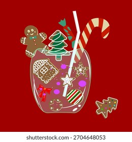 Ilustración vectorial festiva de varias Navidades galletas de jengibre (hombre, casa, árbol, estrellas) y un bastón de caramelo colocado dentro de un vaso con una pajita, lo que sugiere un postre o cóctel navideño. Ideal para 