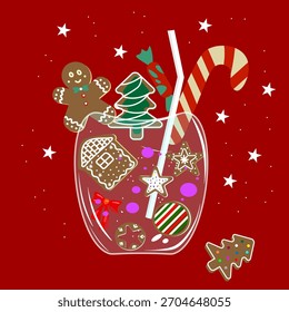 Ilustración vectorial festiva de varias Navidades galletas de jengibre (hombre, casa, árbol, estrellas) y un bastón de caramelo colocado dentro de un vaso con una pajita, lo que sugiere un postre o cóctel navideño. Ideal para 