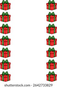 Festive vector illustration of a vertical border design featuring a repeating pattern of red gift boxes with green ribbons, perfect for holiday cards or wrapping paper.