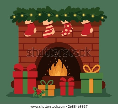 Festive vector illustration of warmth, comfort. With a fireplace, gifts, Christmas stockings. Atmosphere of Christmas, New Year's, a winter evening, family coziness. For cards, greetings, social media