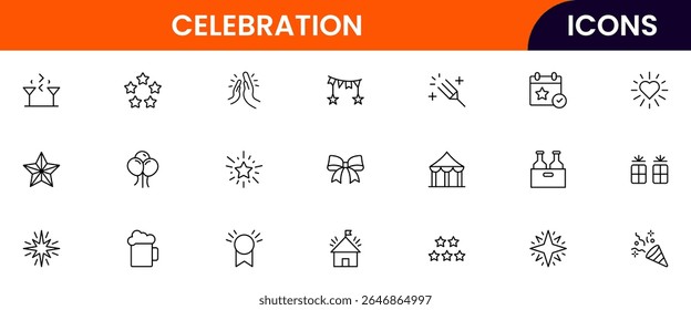 A festive Vector illustration web line icon collection for celebrations, featuring vibrant, minimalist designs perfect for event UI, UX, websites, and apps, ensuring high-quality visuals.