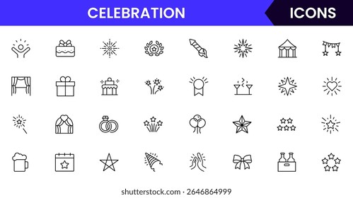 A festive Vector illustration web line icon collection for celebrations, featuring vibrant, minimalist designs perfect for event UI, UX, websites, and apps, ensuring high-quality visuals.