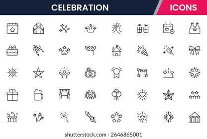 A festive Vector illustration web line icon collection for celebrations, featuring vibrant, minimalist designs perfect for event UI, UX, websites, and apps, ensuring high-quality visuals.