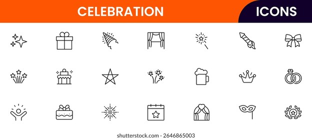 A festive Vector illustration web line icon collection for celebrations, featuring vibrant, minimalist designs perfect for event UI, UX, websites, and apps, ensuring high-quality visuals.