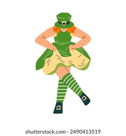 Ilustración vectorial festiva de una mujer con un traje de duende verde bailando en un evento del Día de San Patricio. Icono de Festiva en diseño plano sobre fondo aislado