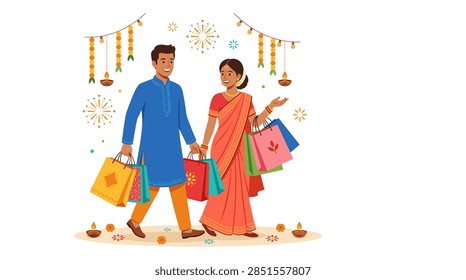 A festive vector image featuring a smiling Indian man in a blue kurta and a woman in a red saree walking while carrying several gift bags. The scene is decorated with traditional Diwali elements such as marigold garlands, lit diya oil lamps, and stylized firework patterns on a clean white background.