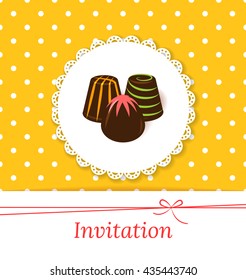Festive vector invitation card with chocolate candies. Lace label and color candy on polka dot background. Retro style.
