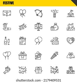 festive vector line icons set. gift, gift and champagne Icons. Thin line design. Modern outline graphic elements, simple stroke symbols stock illustration