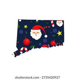 Festive vector map of Connecticut with Christmas pattern fill. High-quality holiday illustration for seasonal marketing, greeting cards, decorations, and posters.