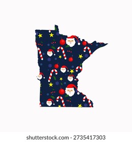 Festive vector map of Minnesota with Christmas pattern fill. Editable holiday illustration ideal for seasonal marketing, greeting cards, posters, decorations, and winter USA designs.