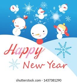 Festive vector New Year card with snowmen on a blue background with snowflakes. Design for postcards, advertisements, or book covers.