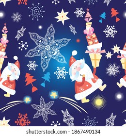 Festliche Vektorgrafik des neuen Jahres nahtlose Muster mit dem Weihnachtsmann und Schneeflocken. Vorlage mit Weihnachtsmann für Verpackungen oder Tapeten