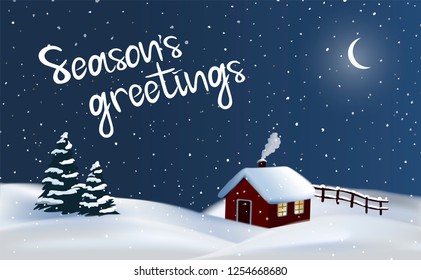 Festive vector night winter countryside background with a red cottage house, chimney smoke and christmas trees, hand drawn season's greetings lettering.