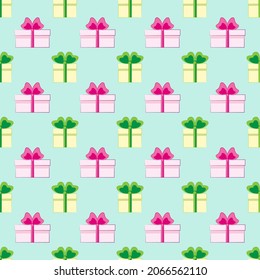 Festive vector pattern with bright gift boxes with bows. Beautiful pattern for postcards. wrapping paper, flyers, invitations, backgrounds