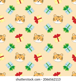 Festive vector pattern with bright gift boxes with bows and tigers. Beautiful Christmas pattern for postcards. wrapping paper, flyers, invitations, backgrounds