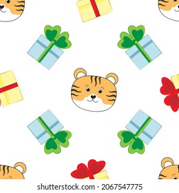Festive vector pattern with bright gift boxes with bows and tigers. Beautiful Christmas pattern for postcards. wrapping paper, flyers, invitations, backgrounds